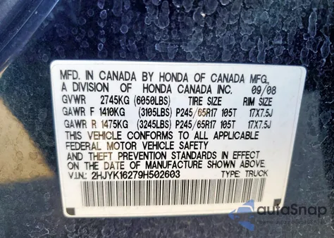 2009 Honda Ridgeline Rt z USA, uszkodzony, nr VIN 2HJYK16279H502603